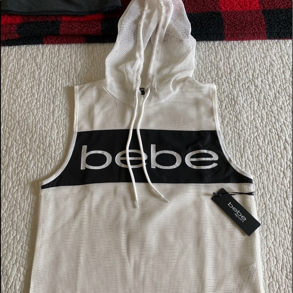 BEBE workout mesh top with hood